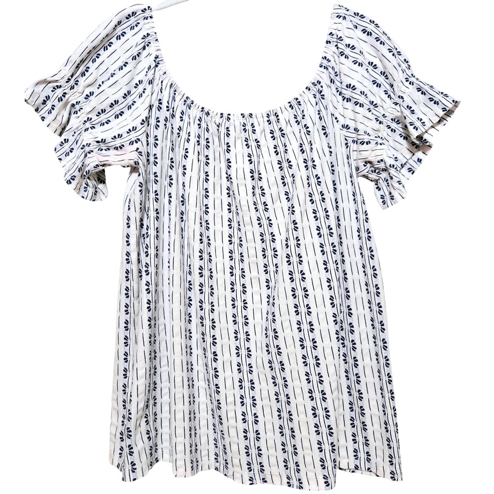 Dorothy Perkins, Women's Sz12, White & Navy Stripe Floral Boho Peasant Blouse